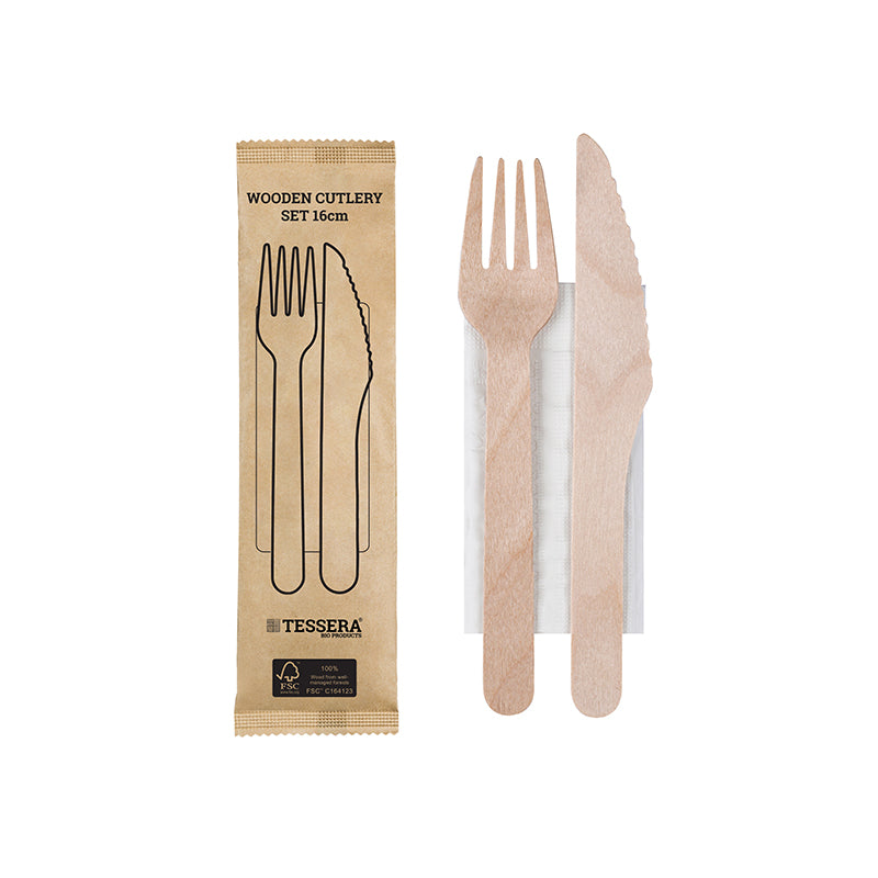 Holzbesteck Set verpackt (Gabel/Messer/Serviette)